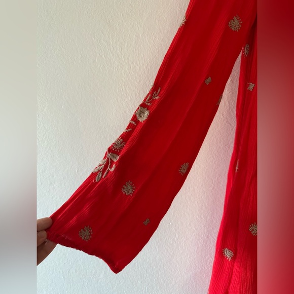 Free People red long sleeve open back floral embroidery mini dress size small. - Picture 6 of 15